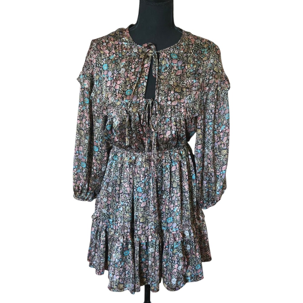 Floral Metallic Lurex Tiered Mini Dress Smocked Waist Boho Ruffle Multicolor